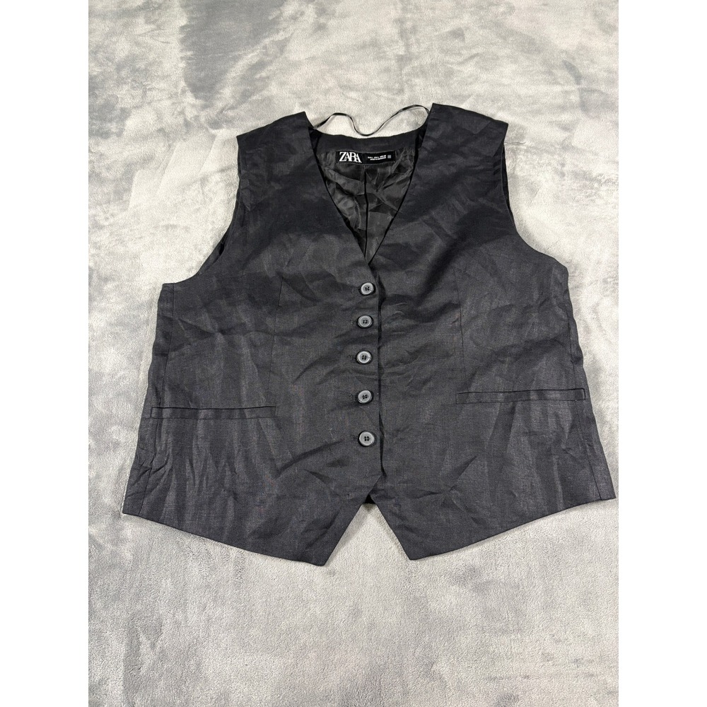 Zara Women Waistcoat Vest Large Black Linen Blend Button Front V Neck